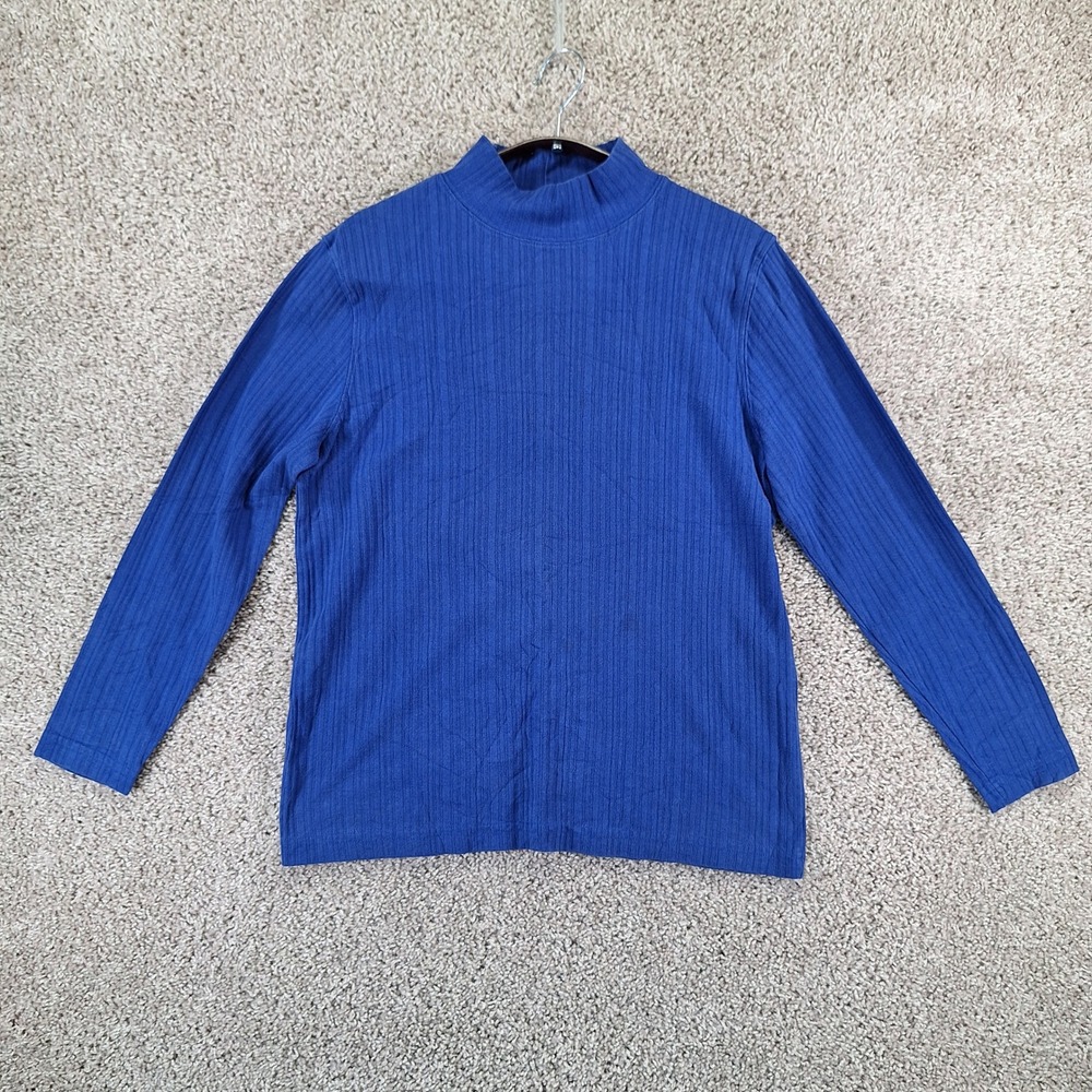 Cabin Creek Mock Neck Top Women Large Blue Ribbed Long Sleeve Casual Basic